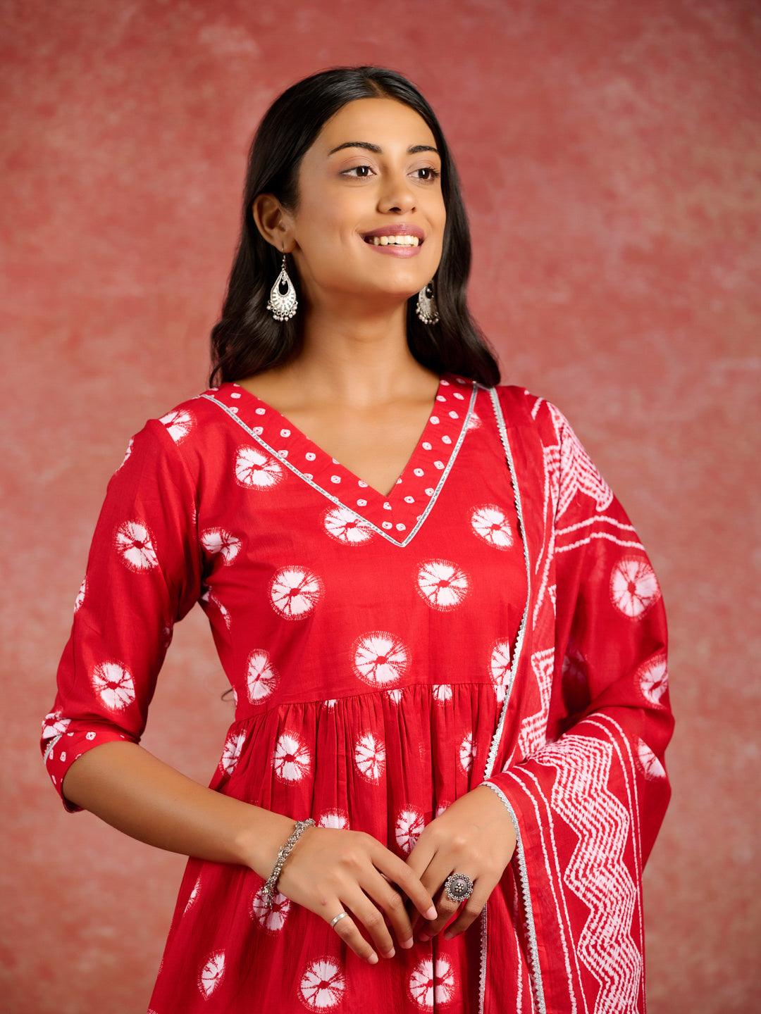Red Printed Cotton A-Line Kurti With Sharara & Dupatta - ShopLibas