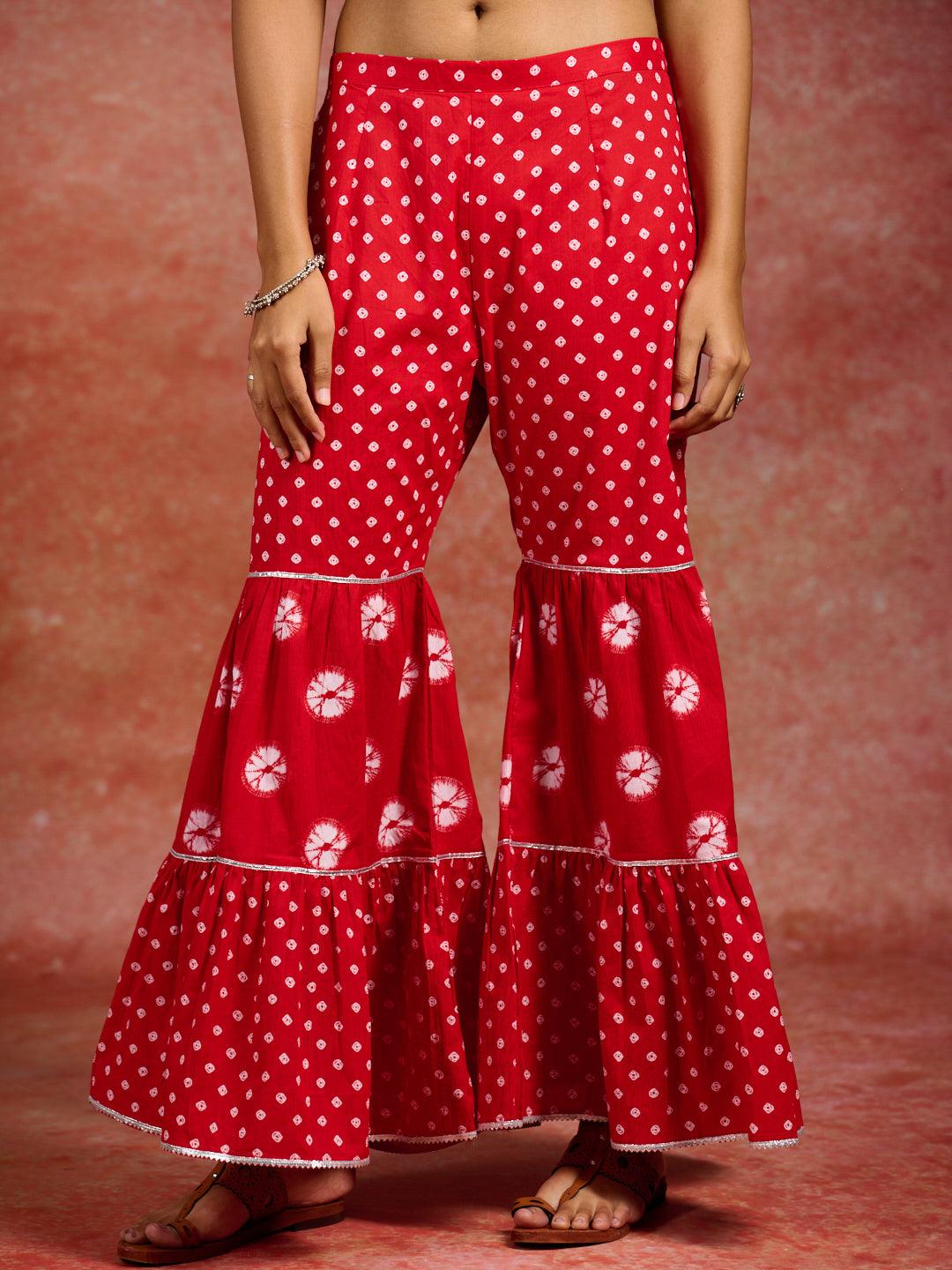 Red Printed Cotton A-Line Kurti With Sharara & Dupatta - ShopLibas