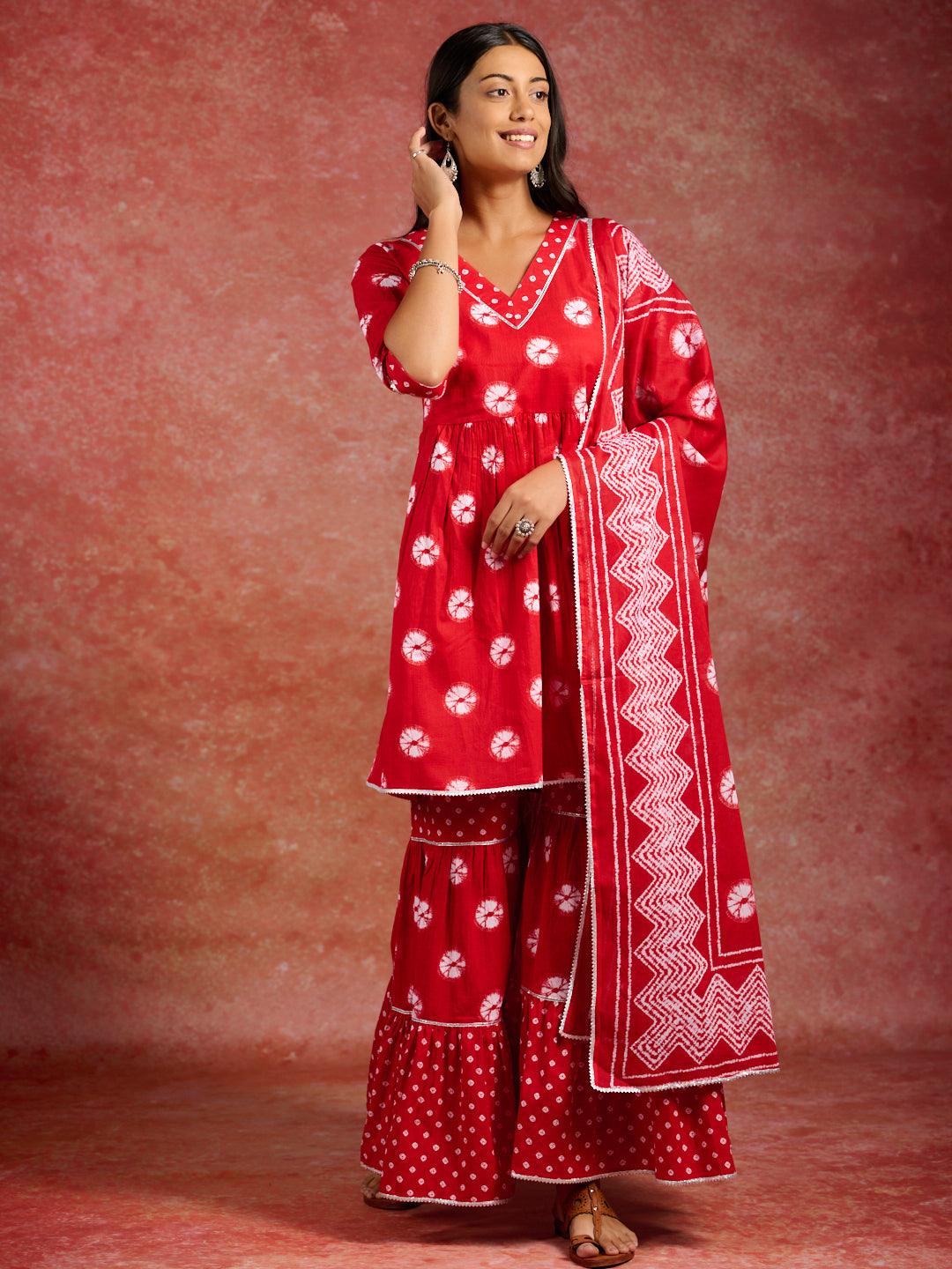 Red Printed Cotton A-Line Kurti With Sharara & Dupatta - ShopLibas