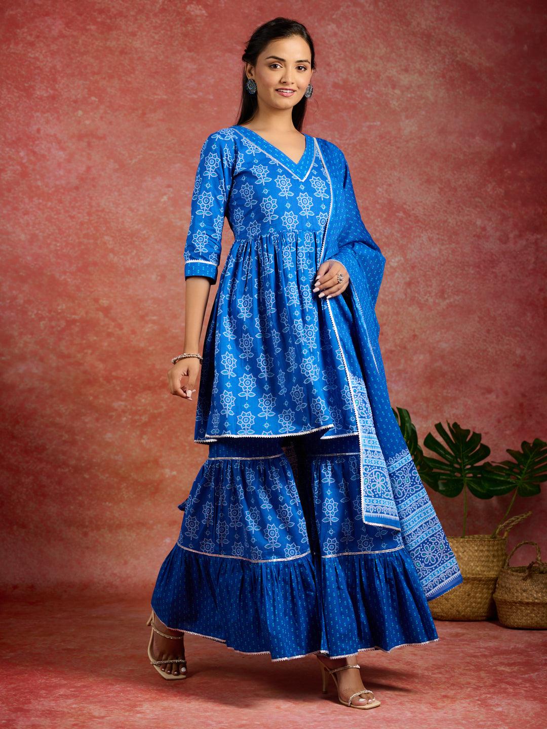 Blue Printed Cotton A-Line Kurti With Sharara & Dupatta - ShopLibas