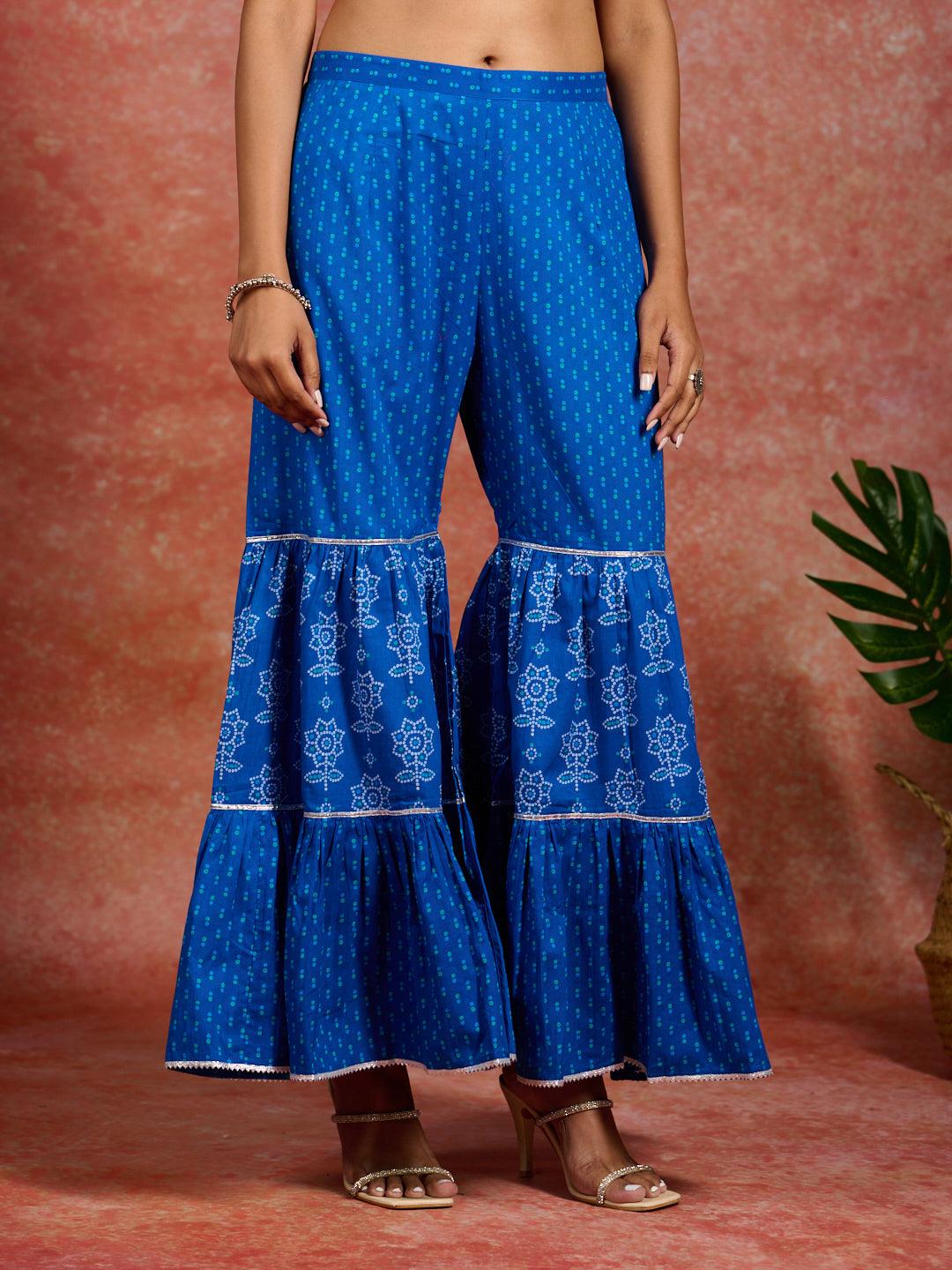 Blue Printed Cotton A-Line Kurti With Sharara & Dupatta - ShopLibas