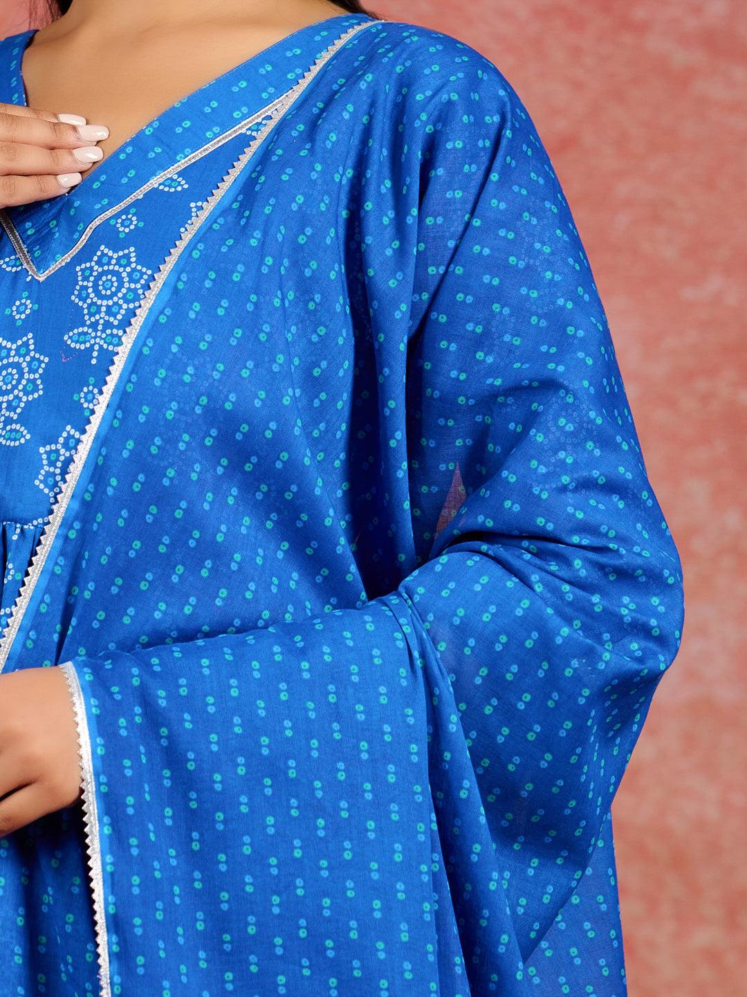Blue Printed Cotton A-Line Kurti With Sharara & Dupatta - ShopLibas