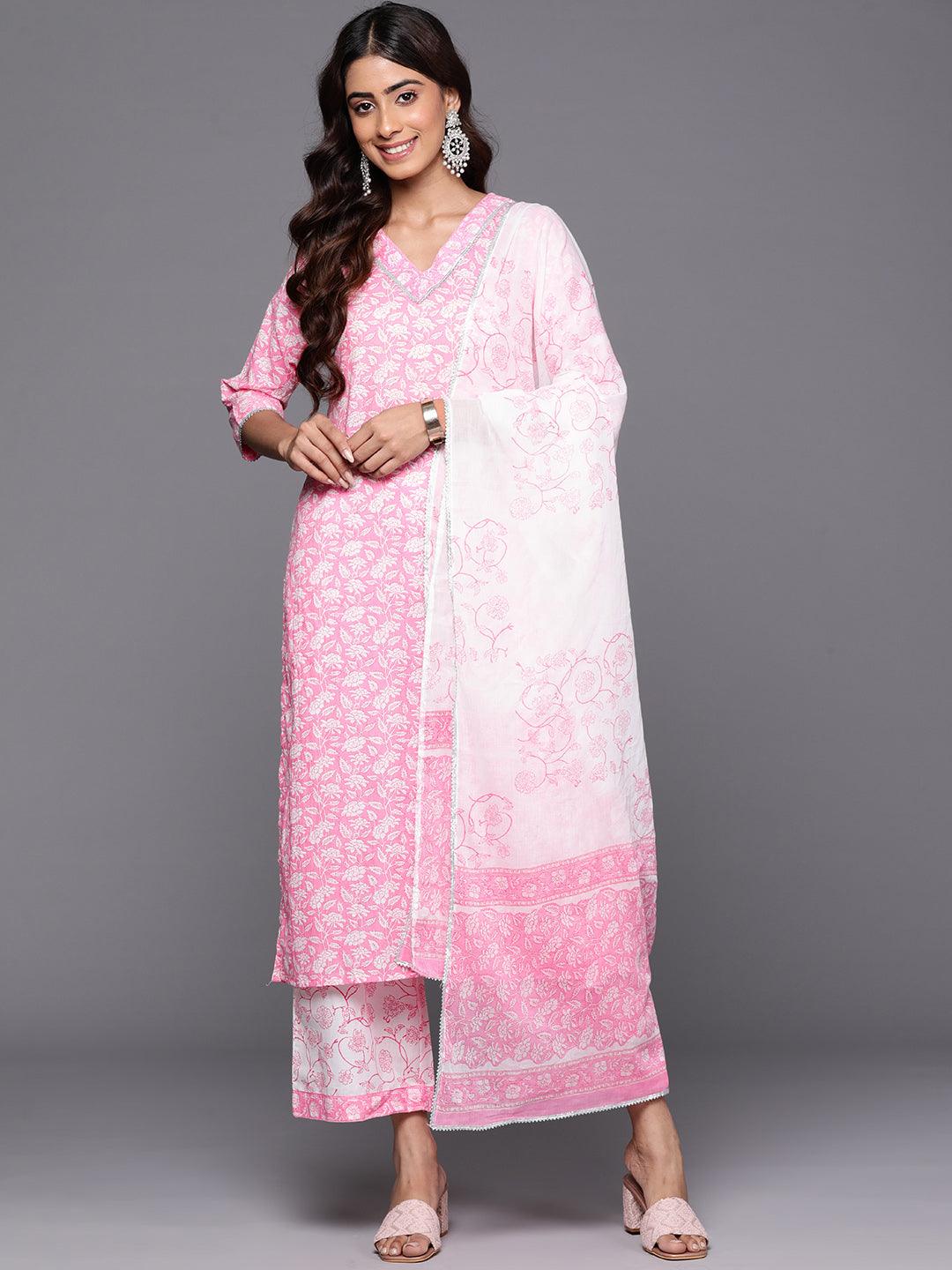 Pink Printed Cotton Straight Kurta With Palazzos & Dupatta - ShopLibas