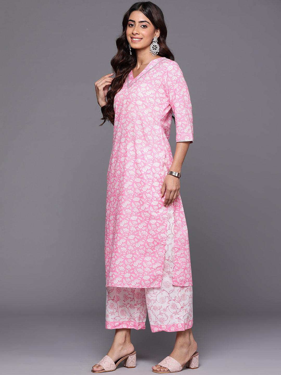 Pink Printed Cotton Straight Kurta With Palazzos & Dupatta - ShopLibas