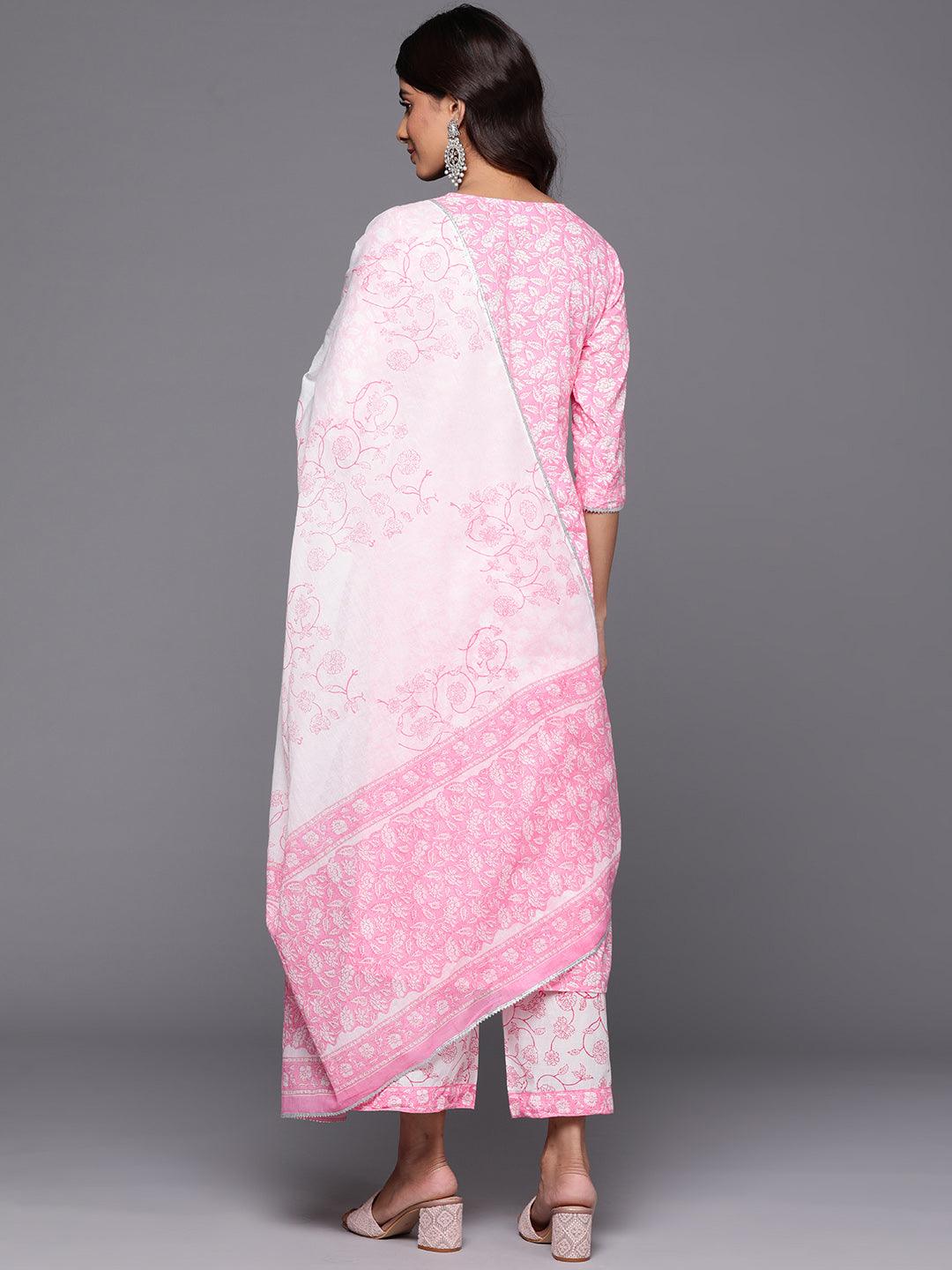 Pink Printed Cotton Straight Kurta With Palazzos & Dupatta - ShopLibas