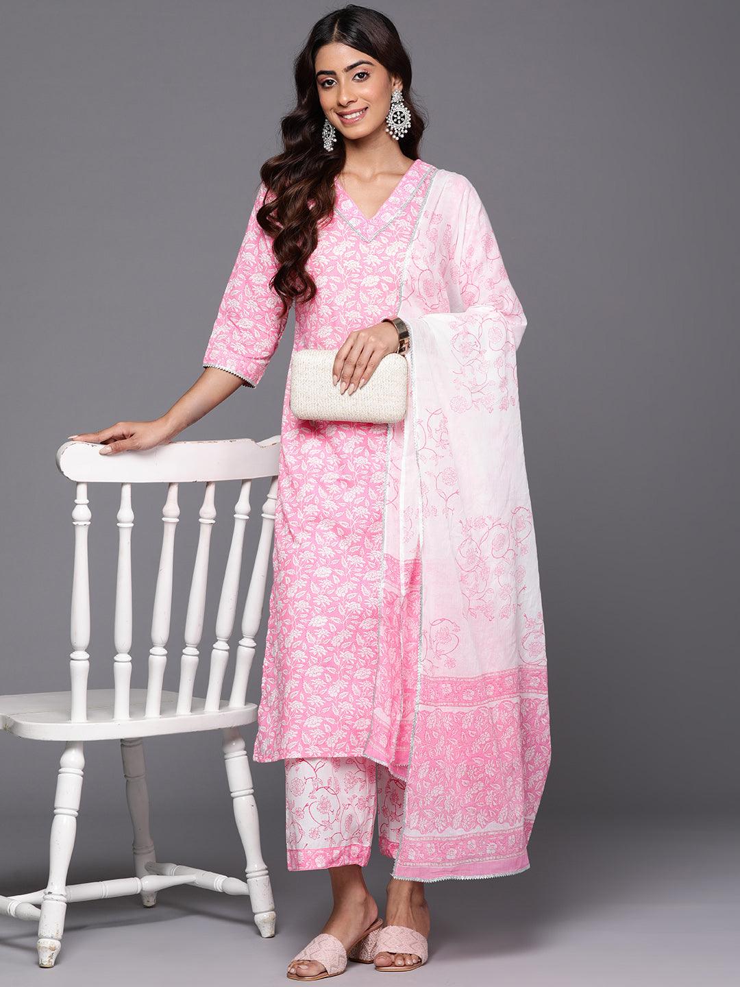Pink Printed Cotton Straight Kurta With Palazzos & Dupatta - ShopLibas