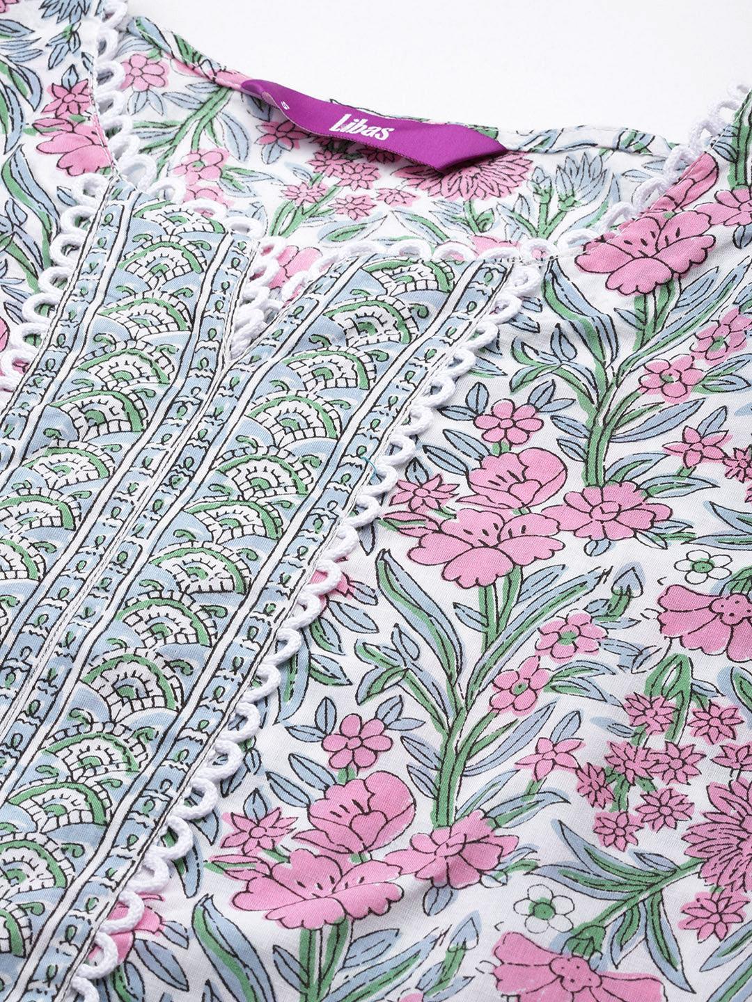 Pink Printed Cotton Straight Kurta With Palazzos & Dupatta - ShopLibas