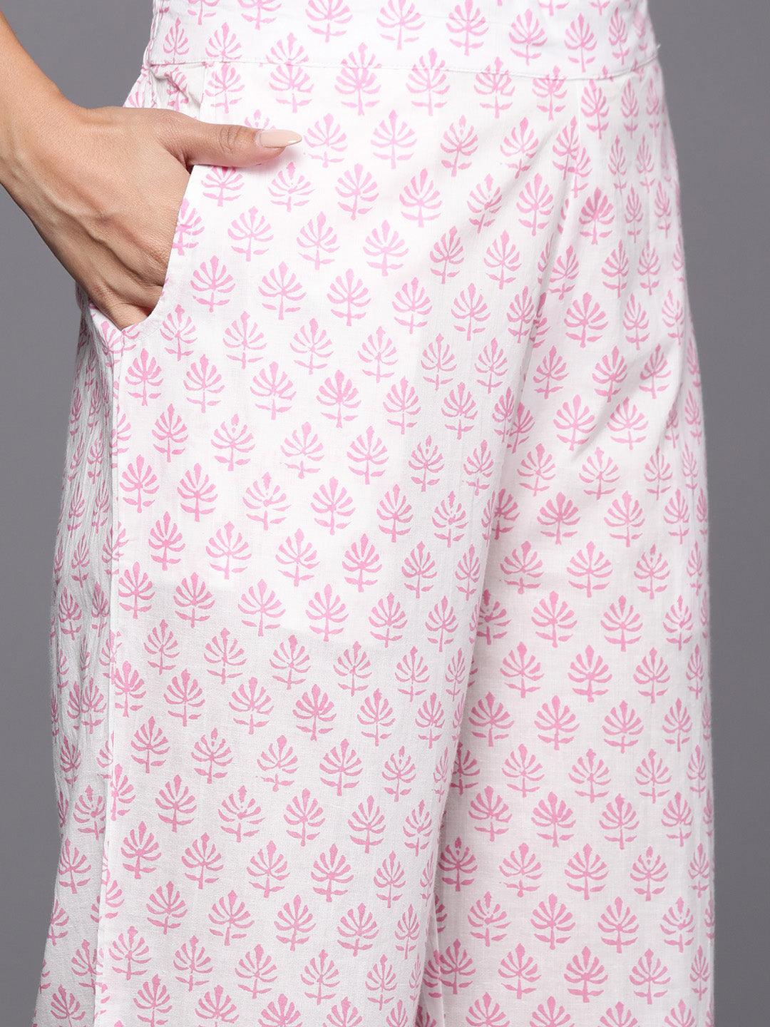 Pink Printed Cotton Straight Kurta With Palazzos & Dupatta - ShopLibas