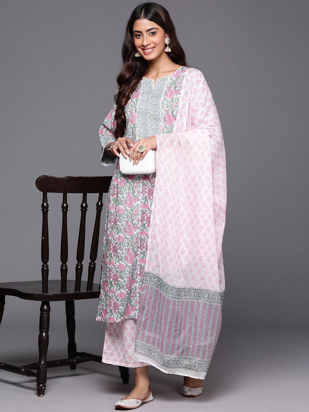 Pink Printed Cotton Straight Kurta With Palazzos & Dupatta - ShopLibas