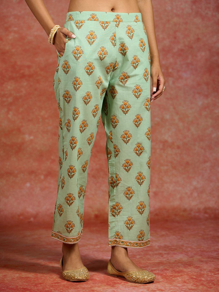 Green Printed Cotton Straight Suit With Dupatta