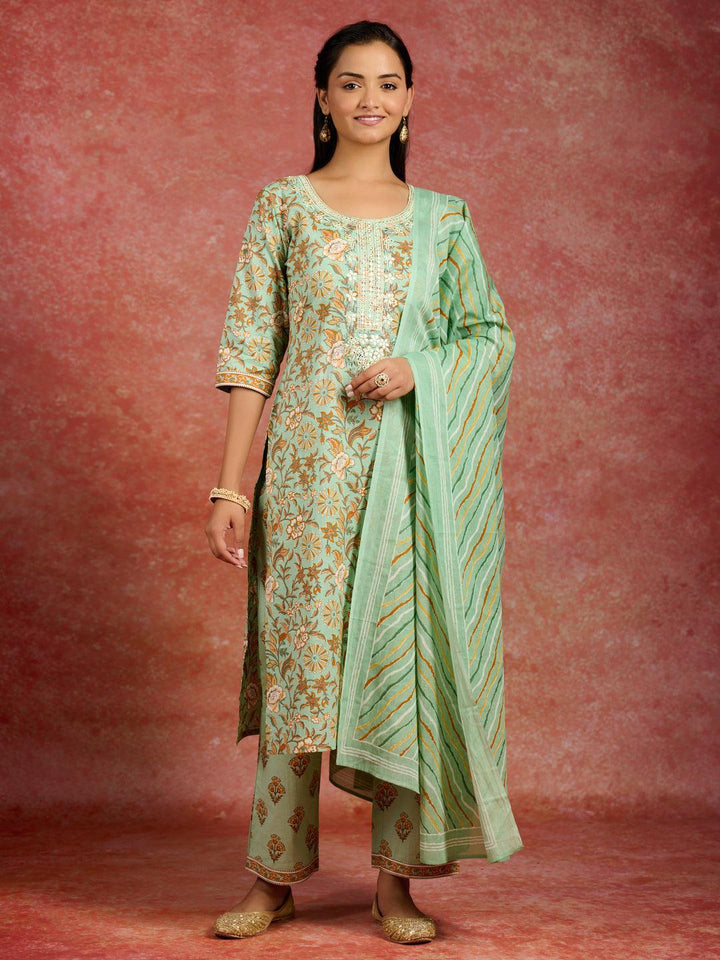 Green Printed Cotton Straight Suit With Dupatta
