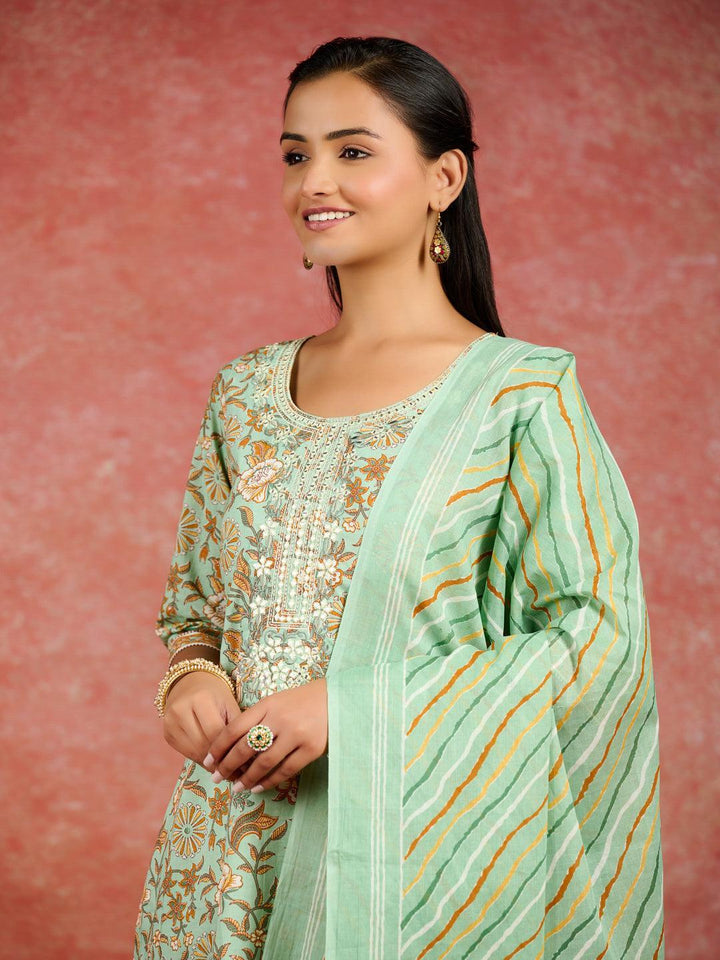 Green Printed Cotton Straight Suit With Dupatta