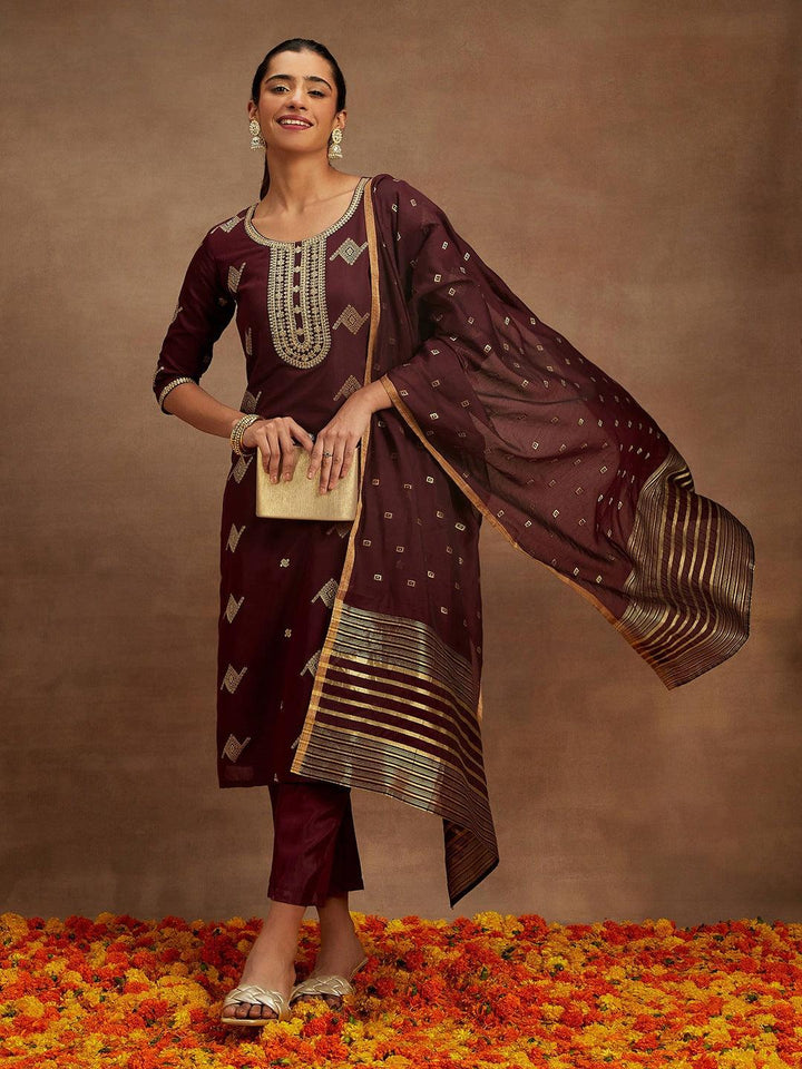 Wine Woven Design Chanderi Silk Straight Suit With Dupatta