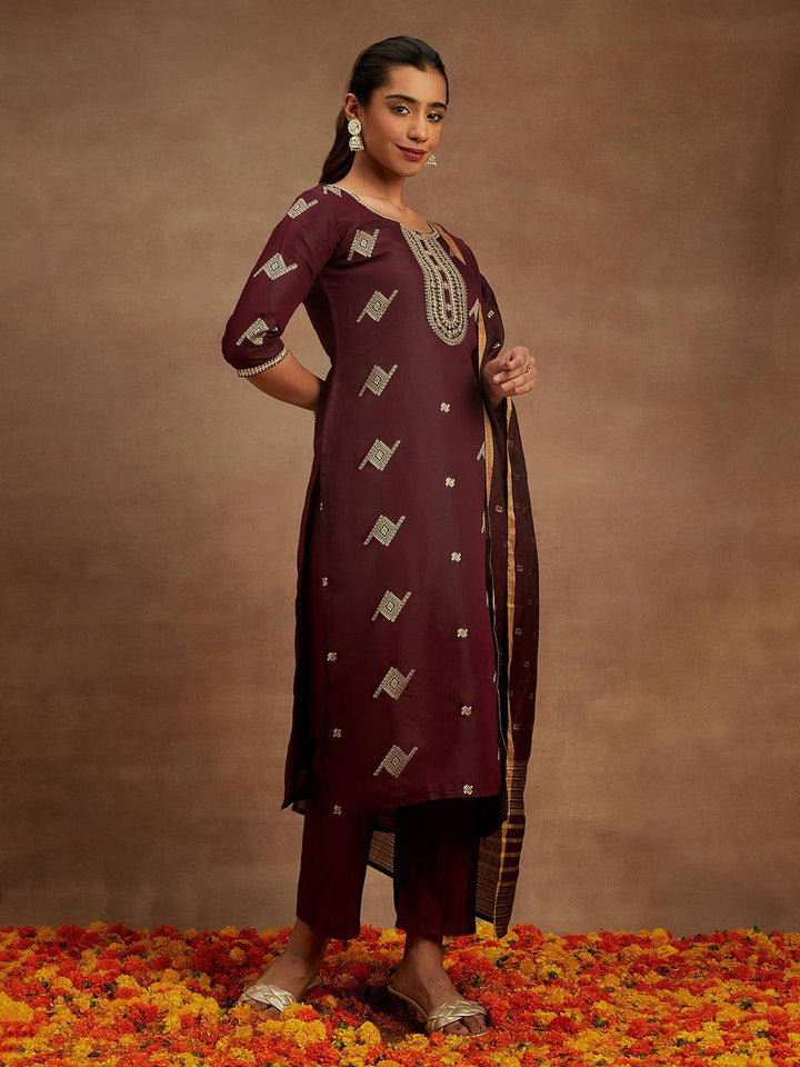 Wine Woven Design Chanderi Silk Straight Suit With Dupatta