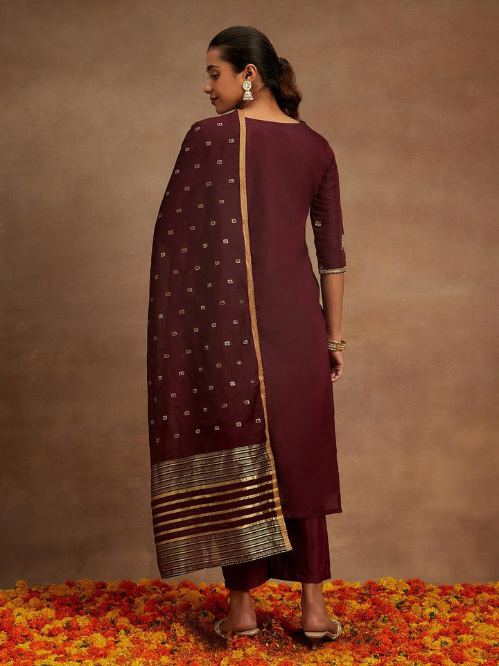 Wine Woven Design Chanderi Silk Straight Suit With Dupatta