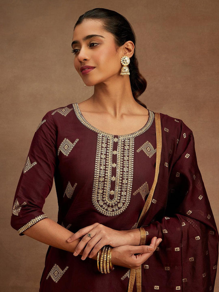 Wine Woven Design Chanderi Silk Straight Suit With Dupatta