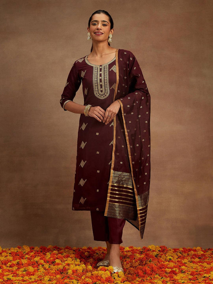 Wine Woven Design Chanderi Silk Straight Suit With Dupatta