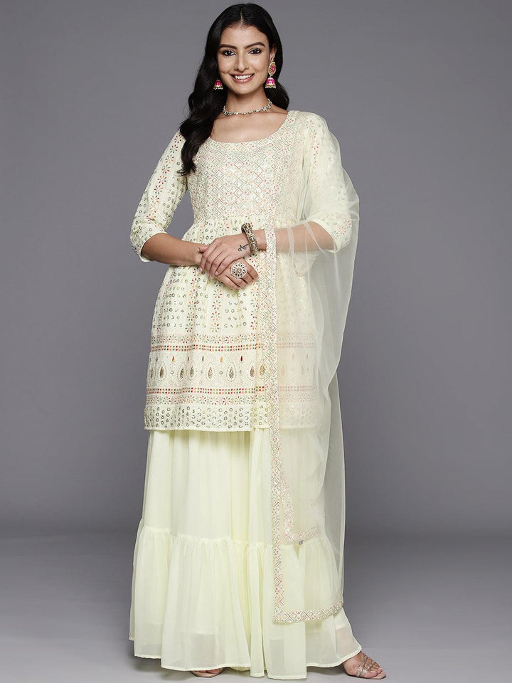Lemon Embroidered Georgette A-Line Kurti With Sharara & Dupatta