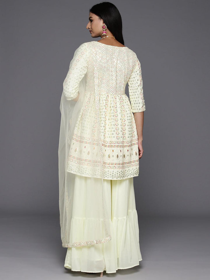 Lemon Embroidered Georgette A-Line Kurti With Sharara & Dupatta