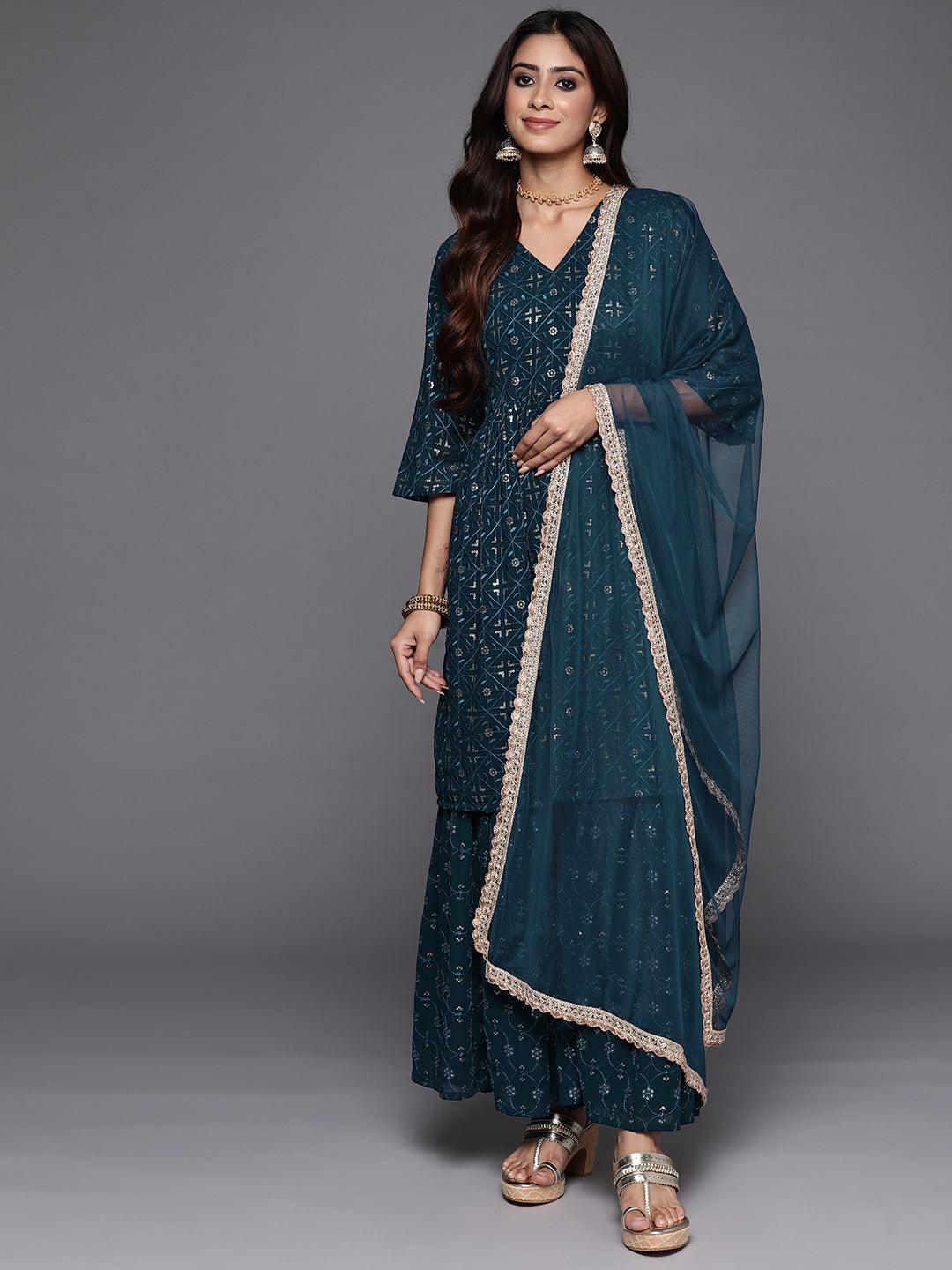 Blue Embroidered Georgette A-Line Kurta With Sharara & Dupatta - ShopLibas