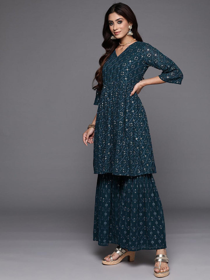 Blue Embroidered Georgette A-Line Kurta With Sharara & Dupatta