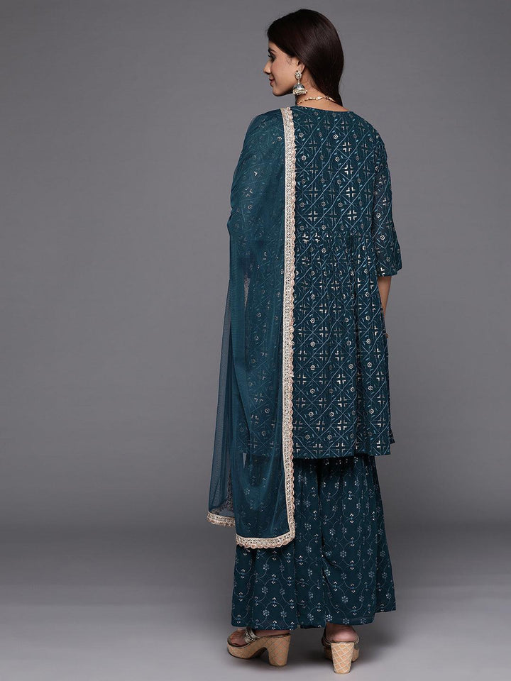 Blue Embroidered Georgette A-Line Kurta With Sharara & Dupatta
