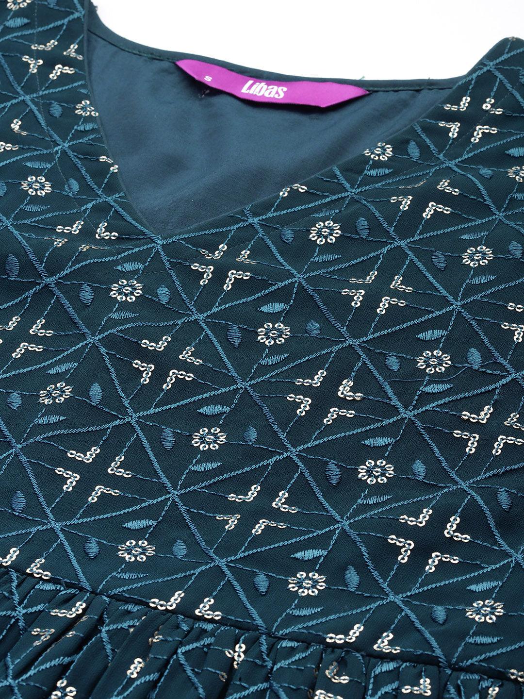 Blue Embroidered Georgette A-Line Kurta With Sharara & Dupatta - ShopLibas