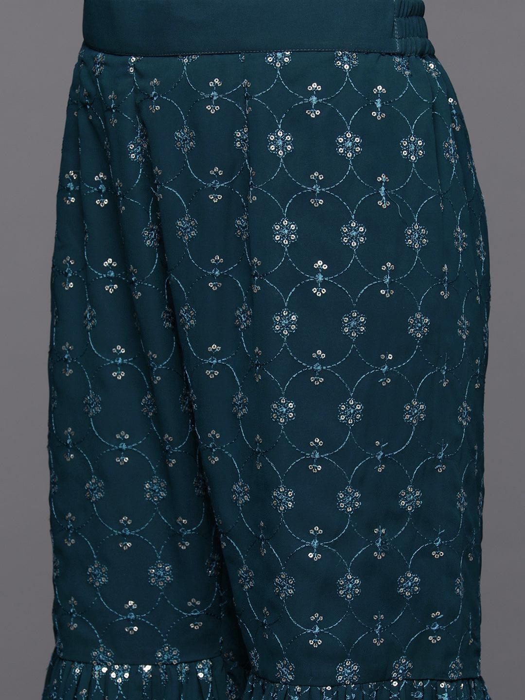 Blue Embroidered Georgette A-Line Kurta With Sharara & Dupatta - ShopLibas