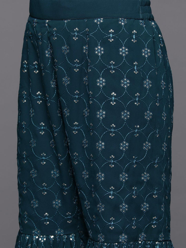 Blue Embroidered Georgette A-Line Kurta With Sharara & Dupatta