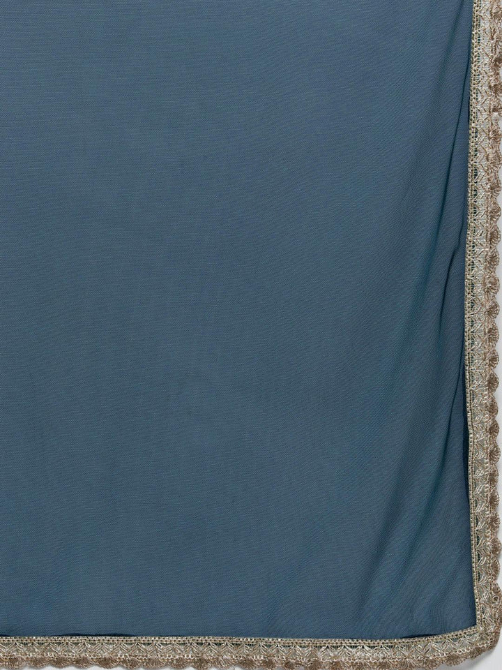 Blue Embroidered Georgette A-Line Kurta With Sharara & Dupatta
