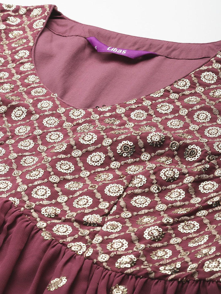 Mauve Embroidered Georgette A-Line Kurta With Palazzos & Dupatta