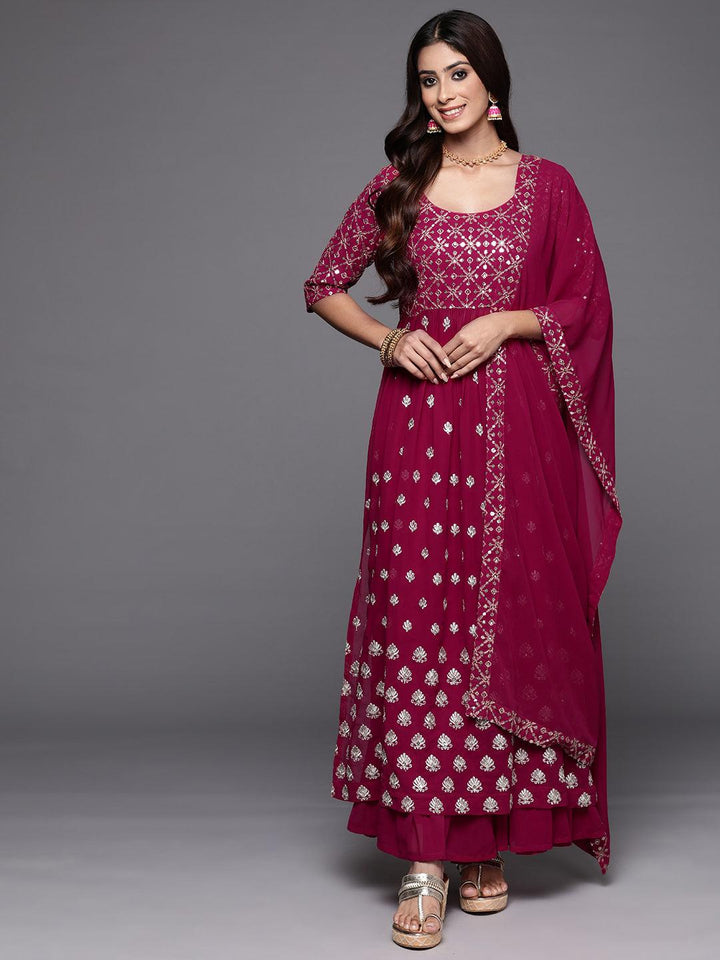 Pink Embroidered Georgette A-Line Kurta With Palazzos & Dupatta