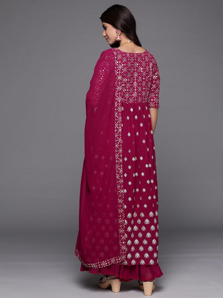 Pink Embroidered Georgette A-Line Kurta With Palazzos & Dupatta