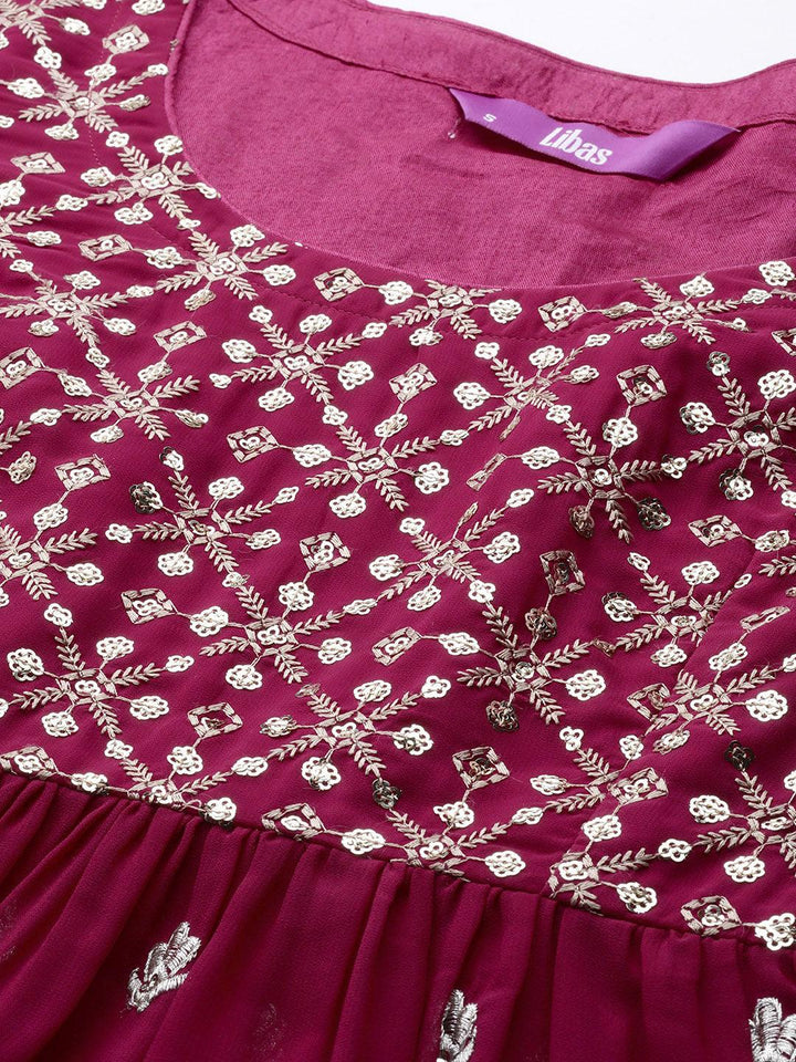 Pink Embroidered Georgette A-Line Kurta With Palazzos & Dupatta