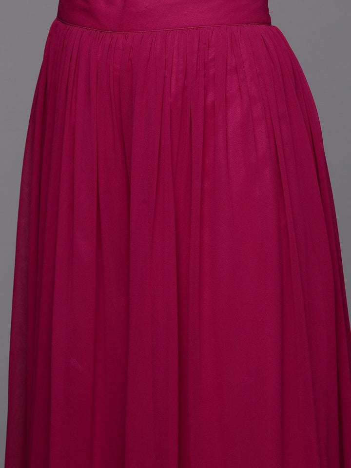 Pink Embroidered Georgette A-Line Kurta With Palazzos & Dupatta