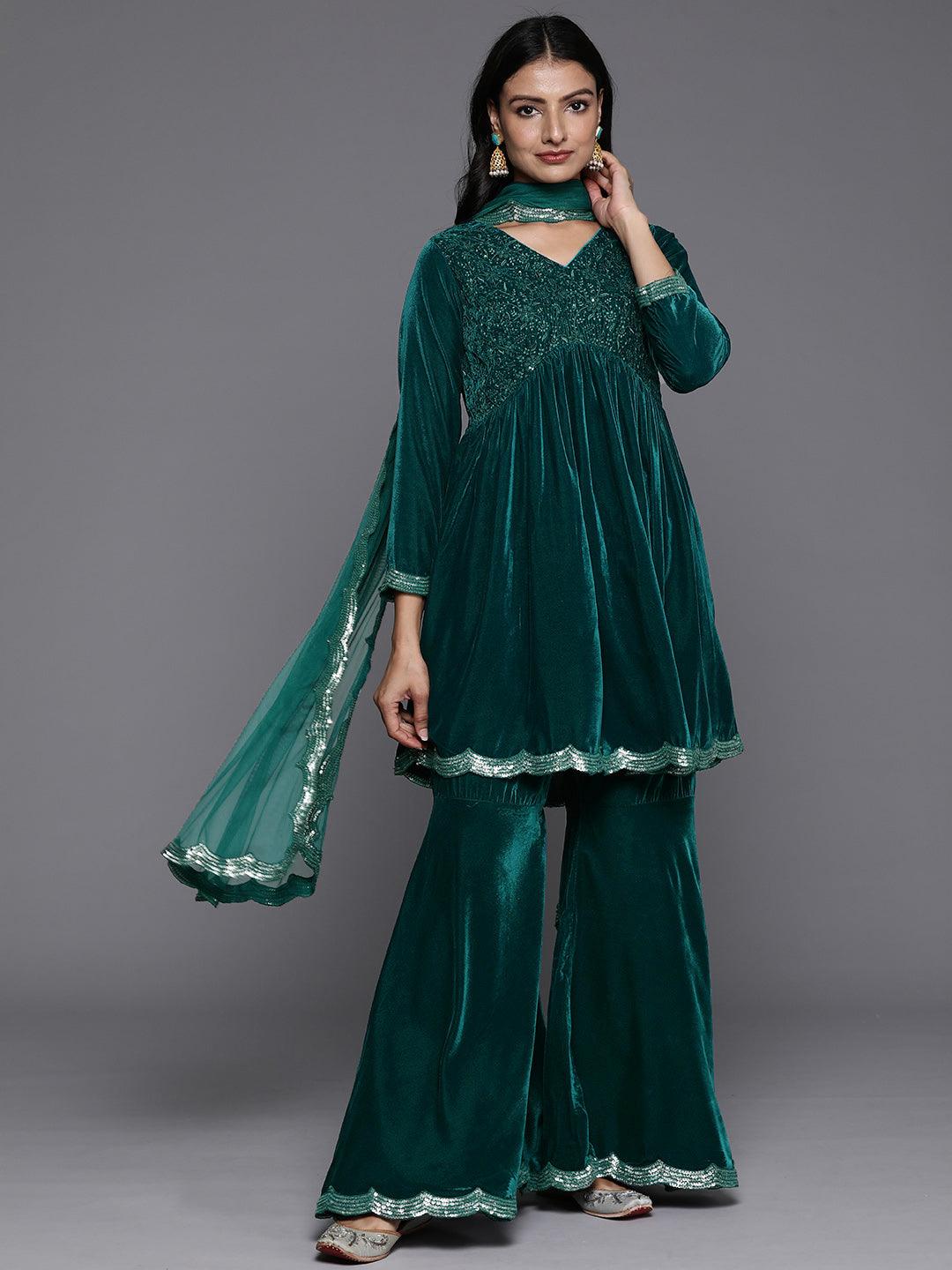 Blue Embroidered Velvet A-Line Kurti With Sharara Dupatta