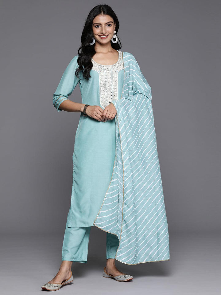 Blue Yoke Design Silk Blend Straight Suit With Dupatta