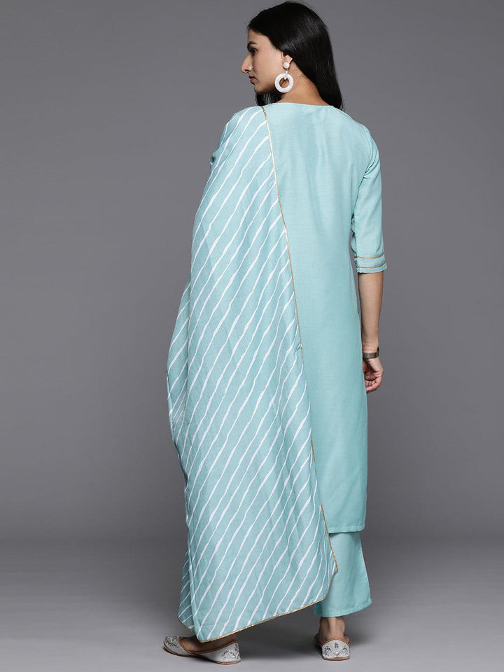 Blue Yoke Design Silk Blend Straight Suit With Dupatta