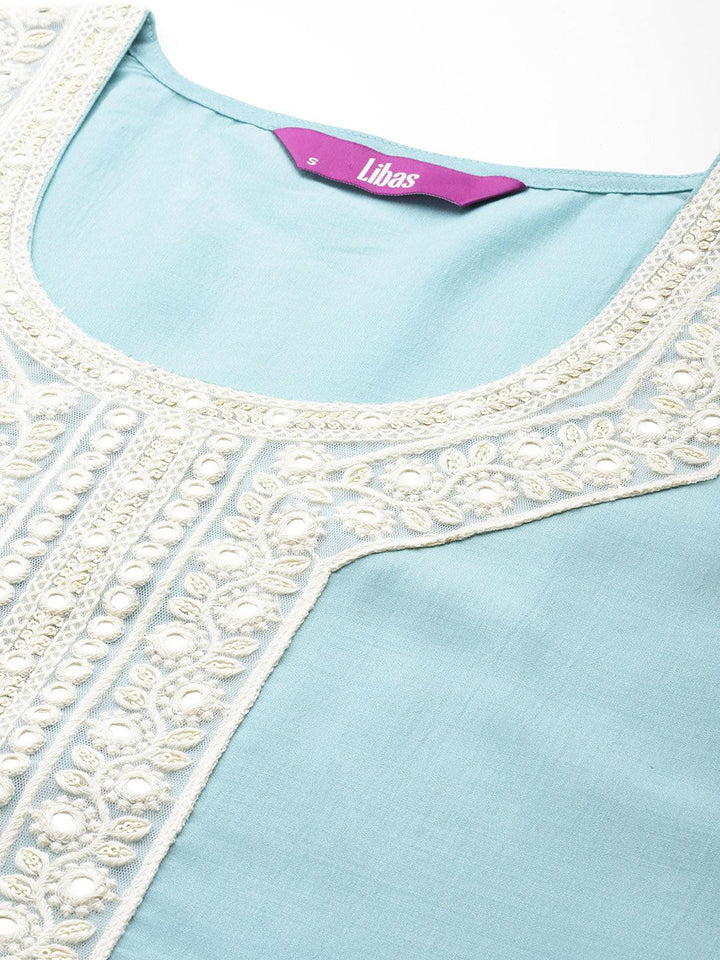 Blue Yoke Design Silk Blend Straight Suit With Dupatta