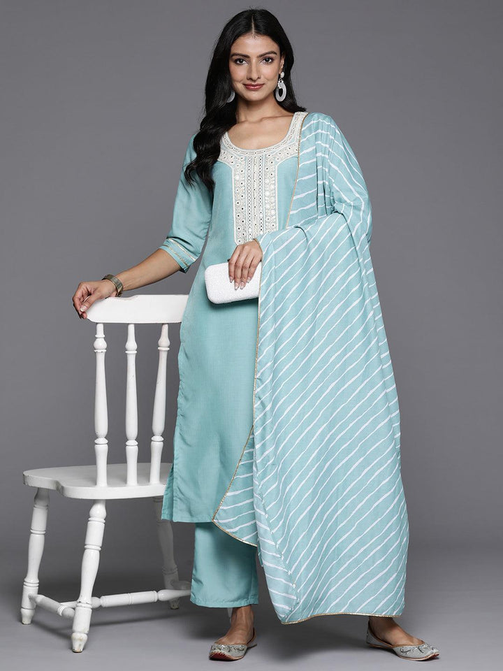 Blue Yoke Design Silk Blend Straight Suit With Dupatta