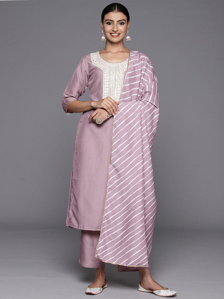 Mauve Yoke Design Silk Blend Straight Suit With Dupatta