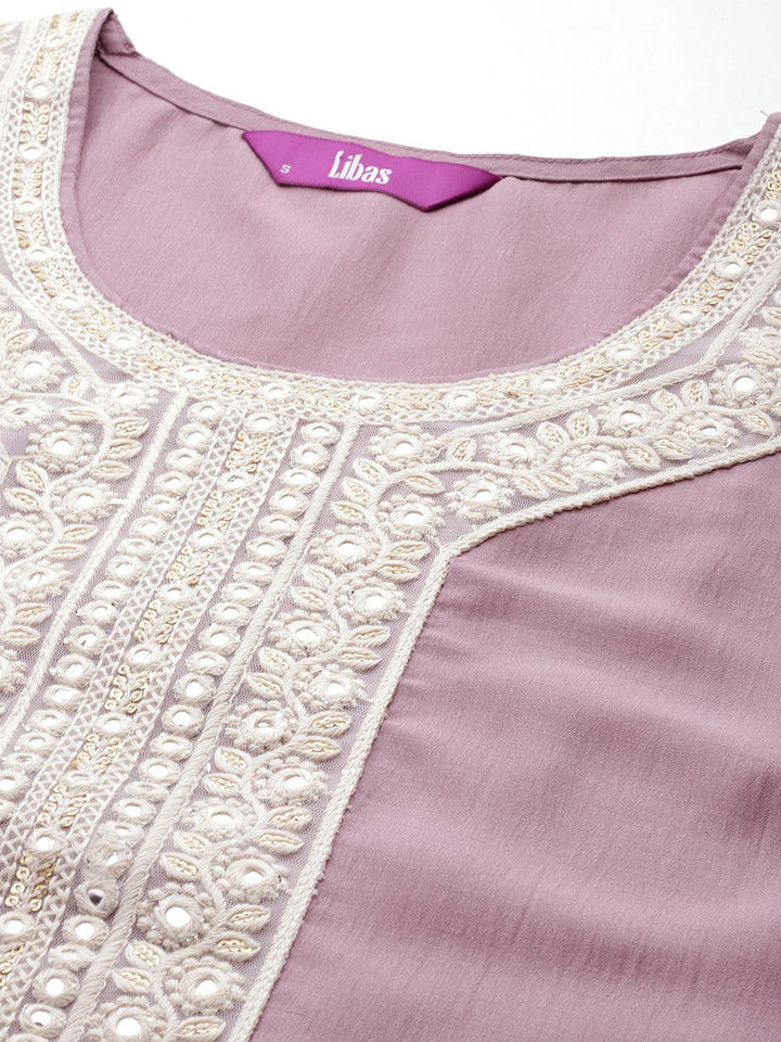 Mauve Yoke Design Silk Blend Straight Suit With Dupatta