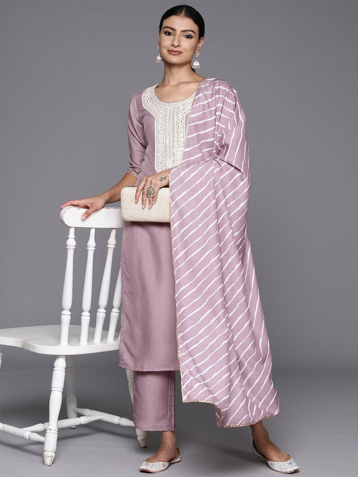 Mauve Yoke Design Silk Blend Straight Suit With Dupatta