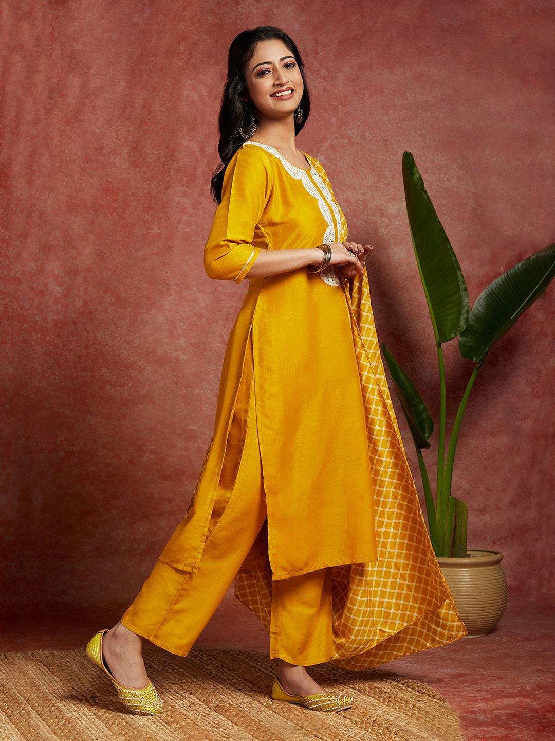 Mustard Solid Silk Blend Straight Kurta With Trousers & Dupatta - ShopLibas