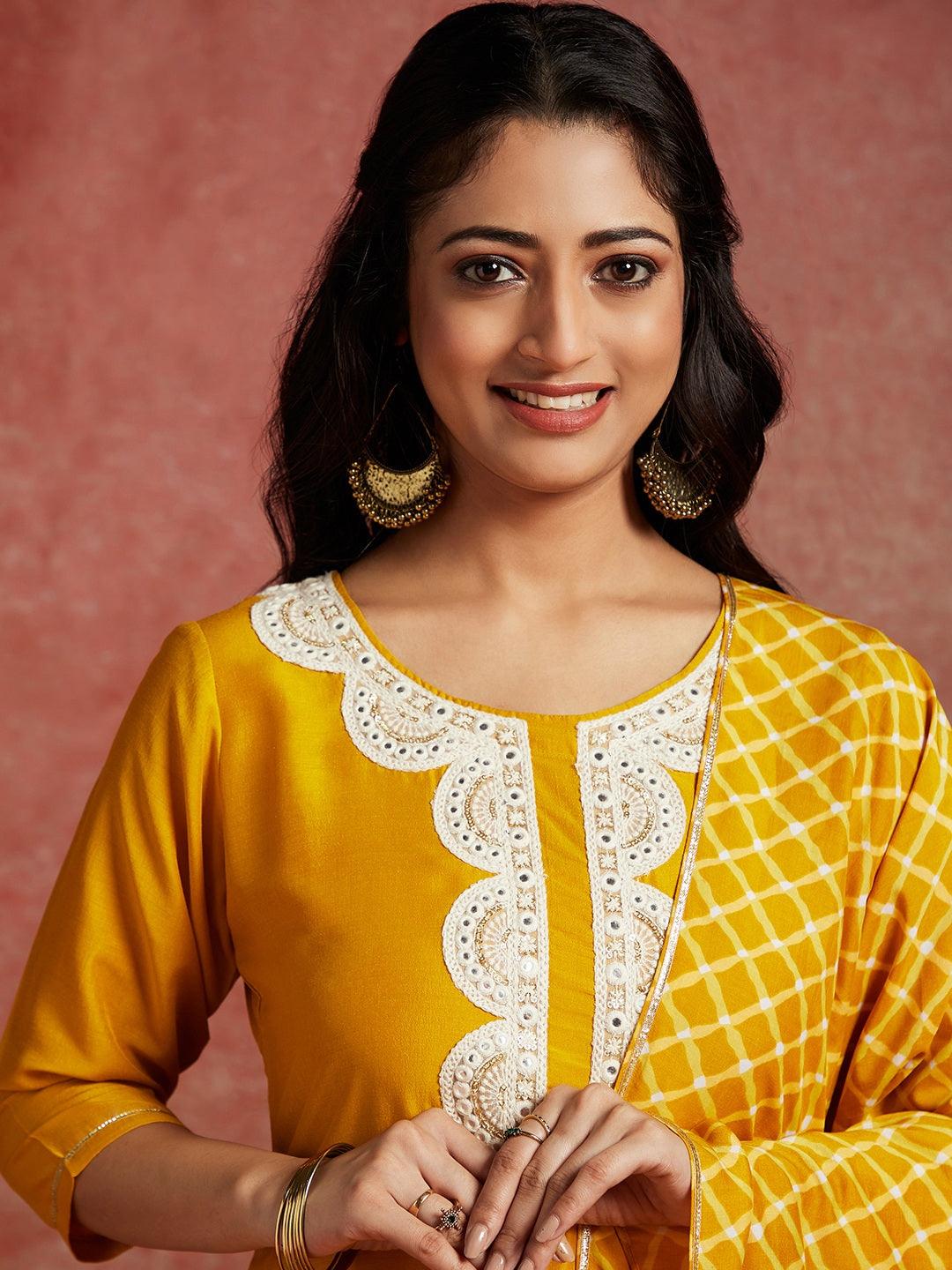 Mustard Solid Silk Blend Straight Kurta With Trousers & Dupatta - ShopLibas