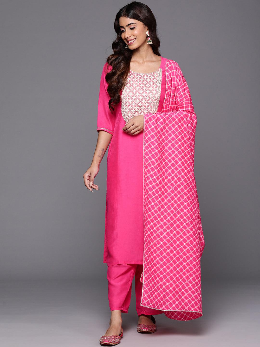 Pink Yoke Design Silk Blend Straight Kurta With Trousers & Dupatta - ShopLibas