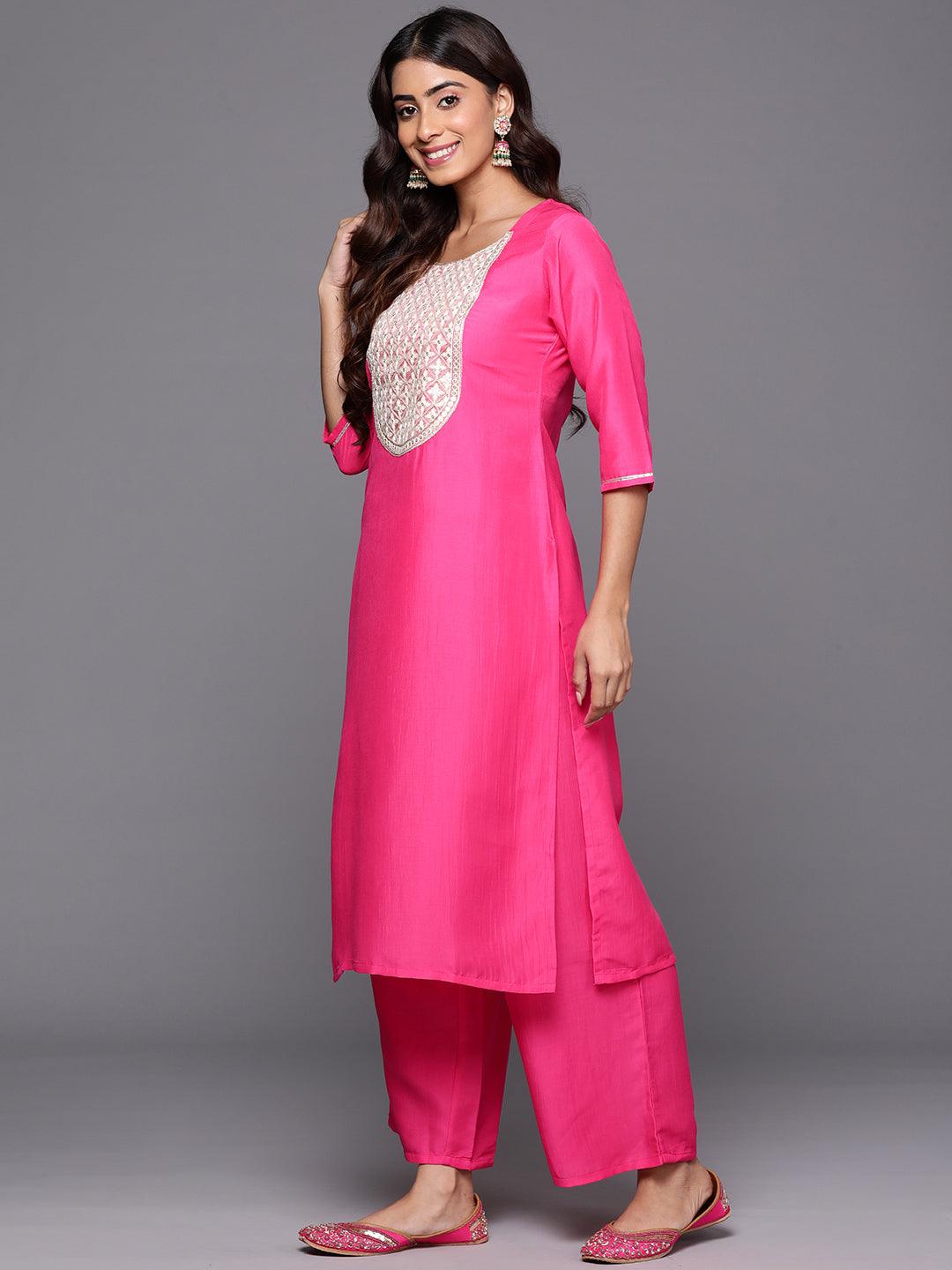 Pink Yoke Design Silk Blend Straight Kurta With Trousers & Dupatta - ShopLibas