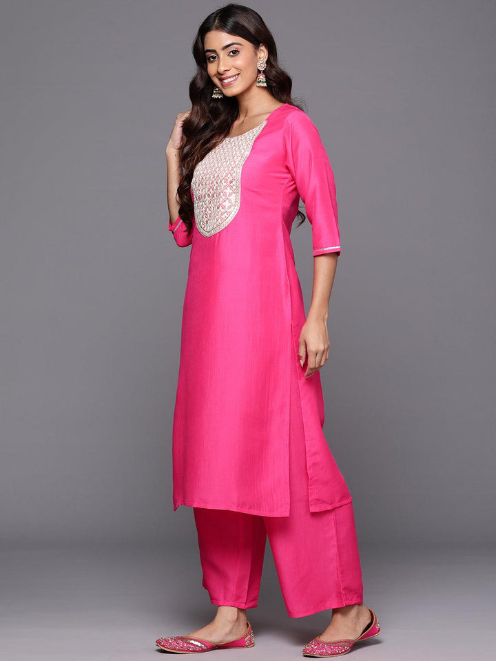 Pink Yoke Design Silk Blend Straight Suit With Dupatta