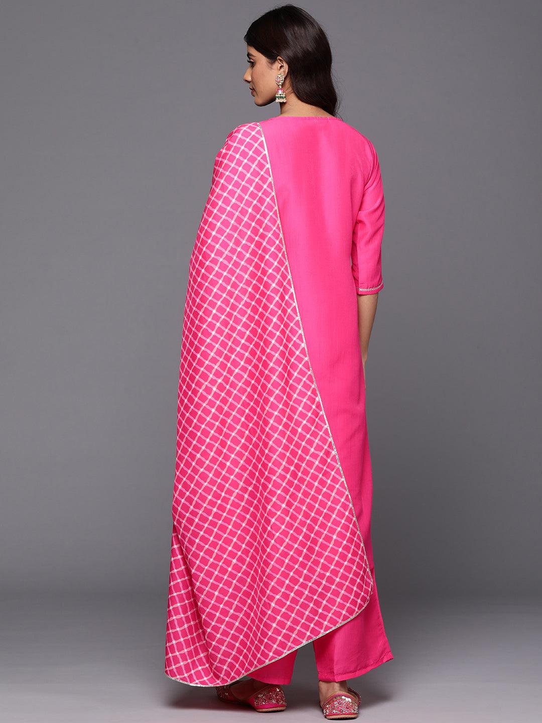 Pink Yoke Design Silk Blend Straight Kurta With Trousers & Dupatta - ShopLibas