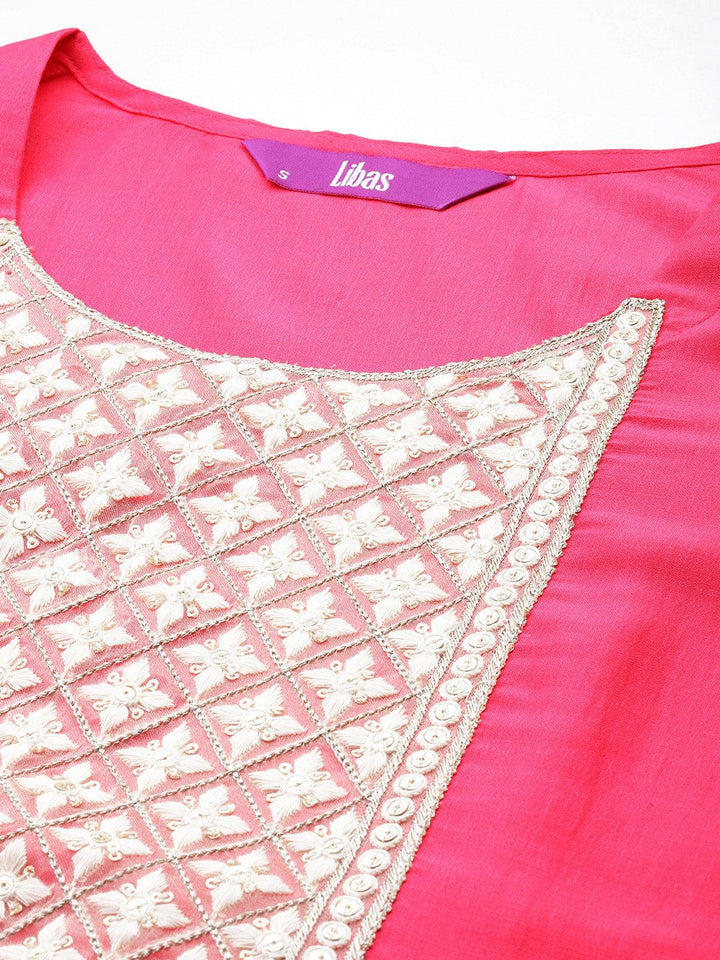 Pink Yoke Design Silk Blend Straight Suit With Dupatta